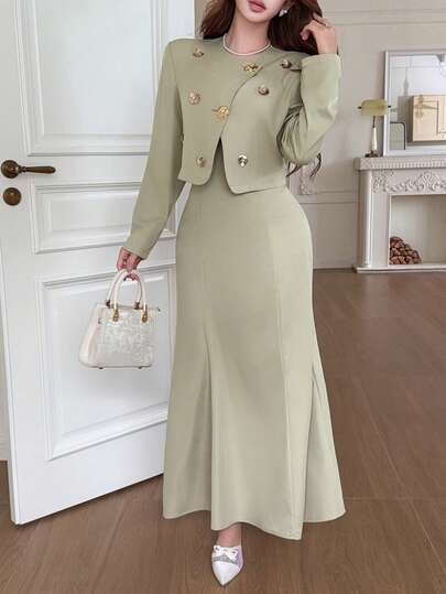 Feyla Women's Metal Flower Decor Jacket And Mermaid Tail Dress Elegant Set Office Sage Green Autumn