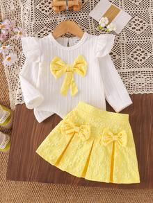 SHEIN Playful Pals 嬰兒女寶寶白色針織紋理面料荷葉袖長袖上衣與粉色燈芯絨裙子T恤套裝，甜美可愛2件式嬰兒套裝 - 黃色 - 查看 7