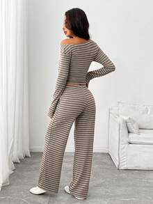 SHEIN PETITE Women's Striped Long Sleeve T-Shirt And Pants Casual 2 Pieces Set - Brown - View 2