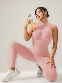 Powerista 女款字母印花前拉鍊無袖運動連身褲 - 粉色 - 查看 4