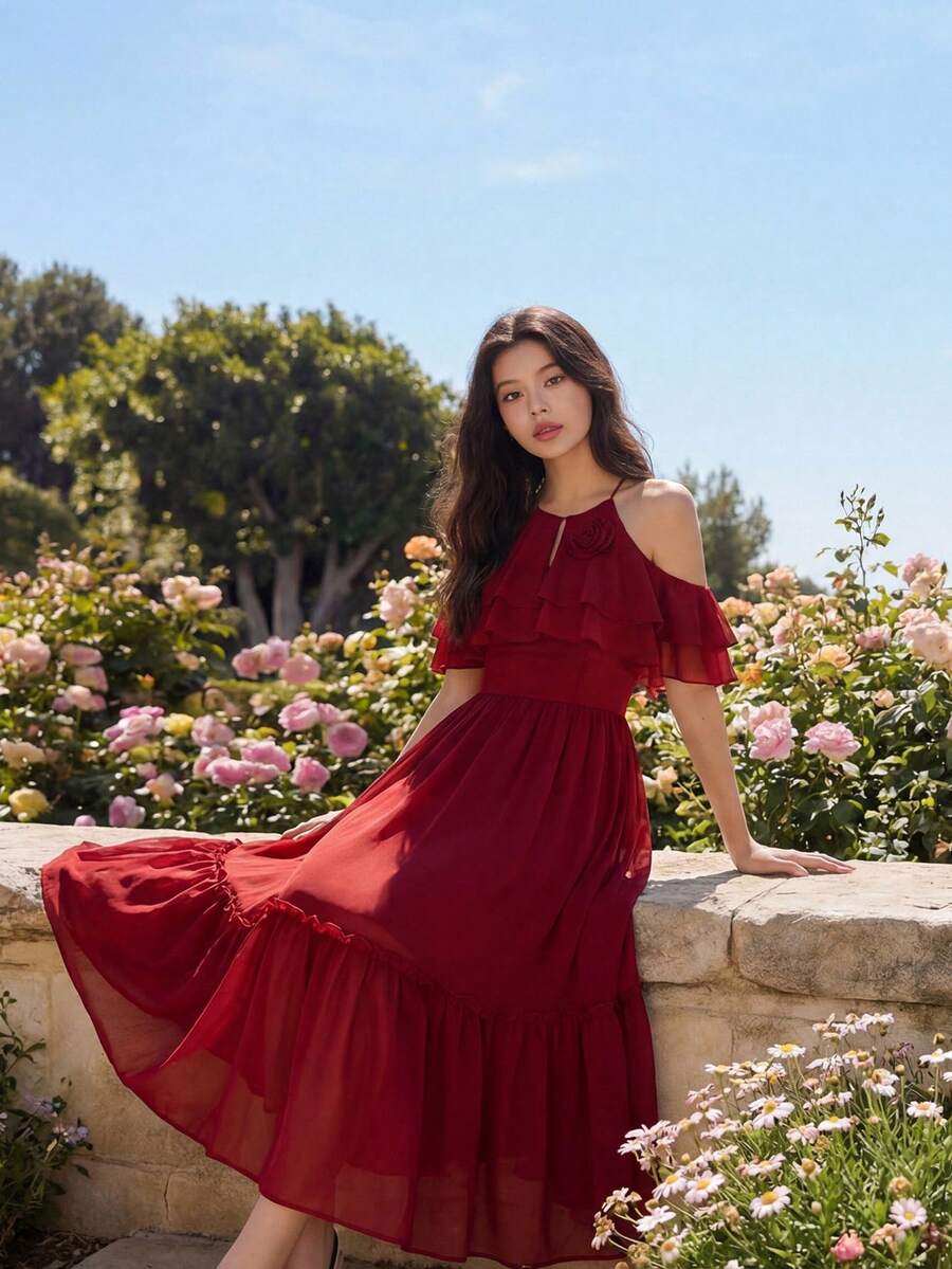 Feyla 优雅浪漫荷叶边碎花露肩连衣裙（女款）