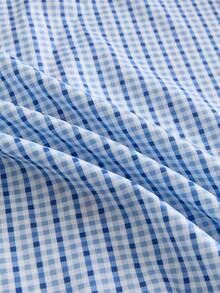 SWAVVY 男士標準尺寸時尚休閒格紋英文字印花蠟滴紋短版寬鬆襯衫 - 藍色 - 查看 3