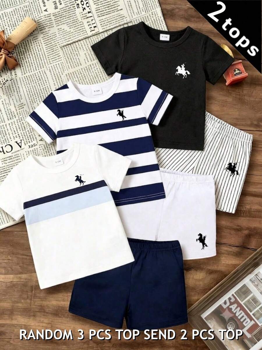 SHEIN 3件裝男嬰新款時尚舒適極簡條紋印花短袖上衣,設計Logo印花,春夏風格,適合日常穿著、返校、戶外活動、聚會、度假、街拍、校園生活、節慶活動、禮物 - 彩色 - 查看 1