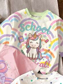 可愛彩虹獨角獸「Pre School Here I Come」小女孩休閒圓領短袖T恤3件組，適合日常穿著、返校季，甜美女孩風，時尚女童校園穿搭 - 彩色 - 查看 3