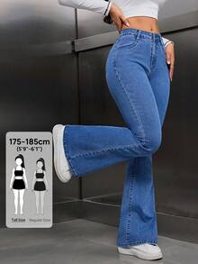 SHEIN Tall 女款純色口袋休閒百搭喇叭褲牛仔褲，適合高個女性 - 中等水洗藍 - 查看 7