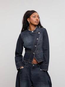 COUREZ Asymmetric Front Military Denim Jacket, Y2K Autumn Fall Going Out Festival Concert Lightweight Drummer Jacket , Fall Winter For Women - Dark Wash - View 4