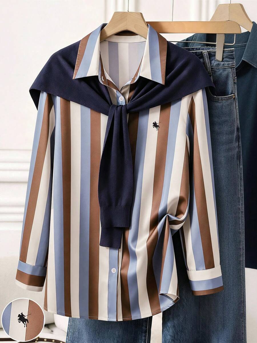 SHEIN Franclia 女款休閒拼色條紋長袖襯衫 - 彩色 - 查看 1