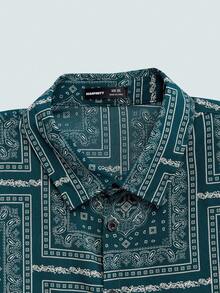 Modcrash Camisa suelta de talla grande para hombres con estampado de paisley y pañuelo - Verde Oscuro - Ver 9
