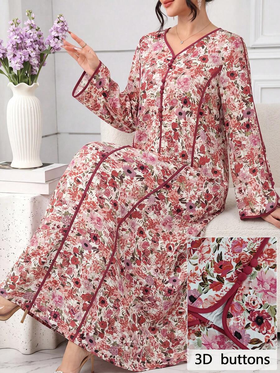 Al Najma Floral Print Contrast Binding Front Button Elegant Dress - Red - View 1