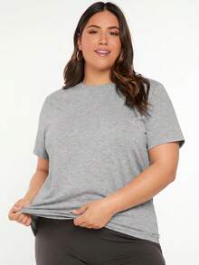 SHEIN BASICS 大尺碼純色圓領T恤夏季上衣 - 淺灰色 - 查看 1