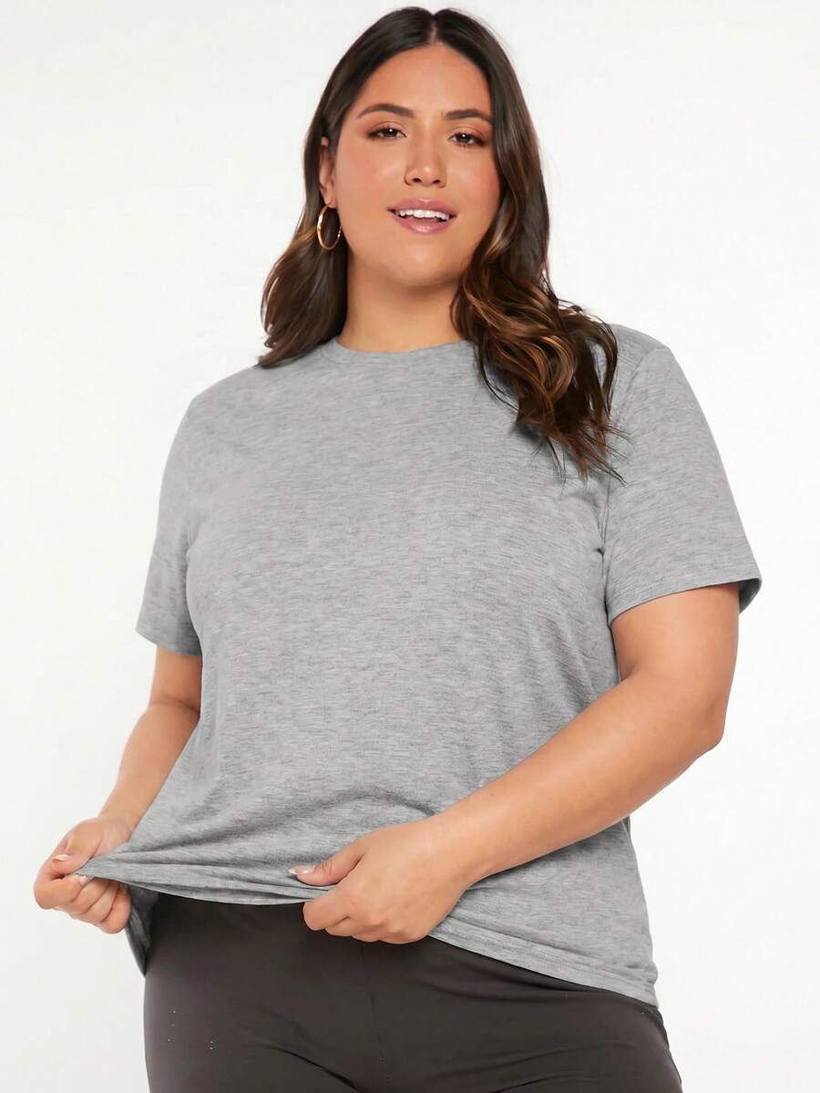 SHEIN BASICS 大尺碼純色圓領T恤夏季上衣 - 淺灰色 - 查看 1