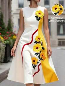 SHEIN LUNE Women's Floral Print Fashionable Round Neck Elegant Vacation Dress - Multicolor - View 1