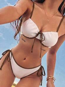 Swim Mod 2 件套女士纹理面料软杯钢圈泳衣，配有可拆卸垫、蝴蝶结装饰、简约性感比基尼套装 - 白色 - 查看 4