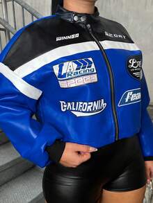 Dayanna Comas Women's Letter Pattern Color Block Short PU Leather Jacket, Motorcycle/Racing/Pilot Versatile Outerwear For Autumn/Winter,Fall Y2k Varsity Women - Royal Blue - View 6