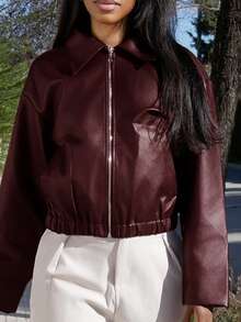 Yess Loren Women's Spring & Fall Long Sleeve PU Leather Zip Front Loose Casual Jacket - Burgundy - View 4