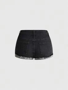 ROMWE Grunge Punk Solid Raw Hem Low Waist Denim Shorts, School - Black - View 2
