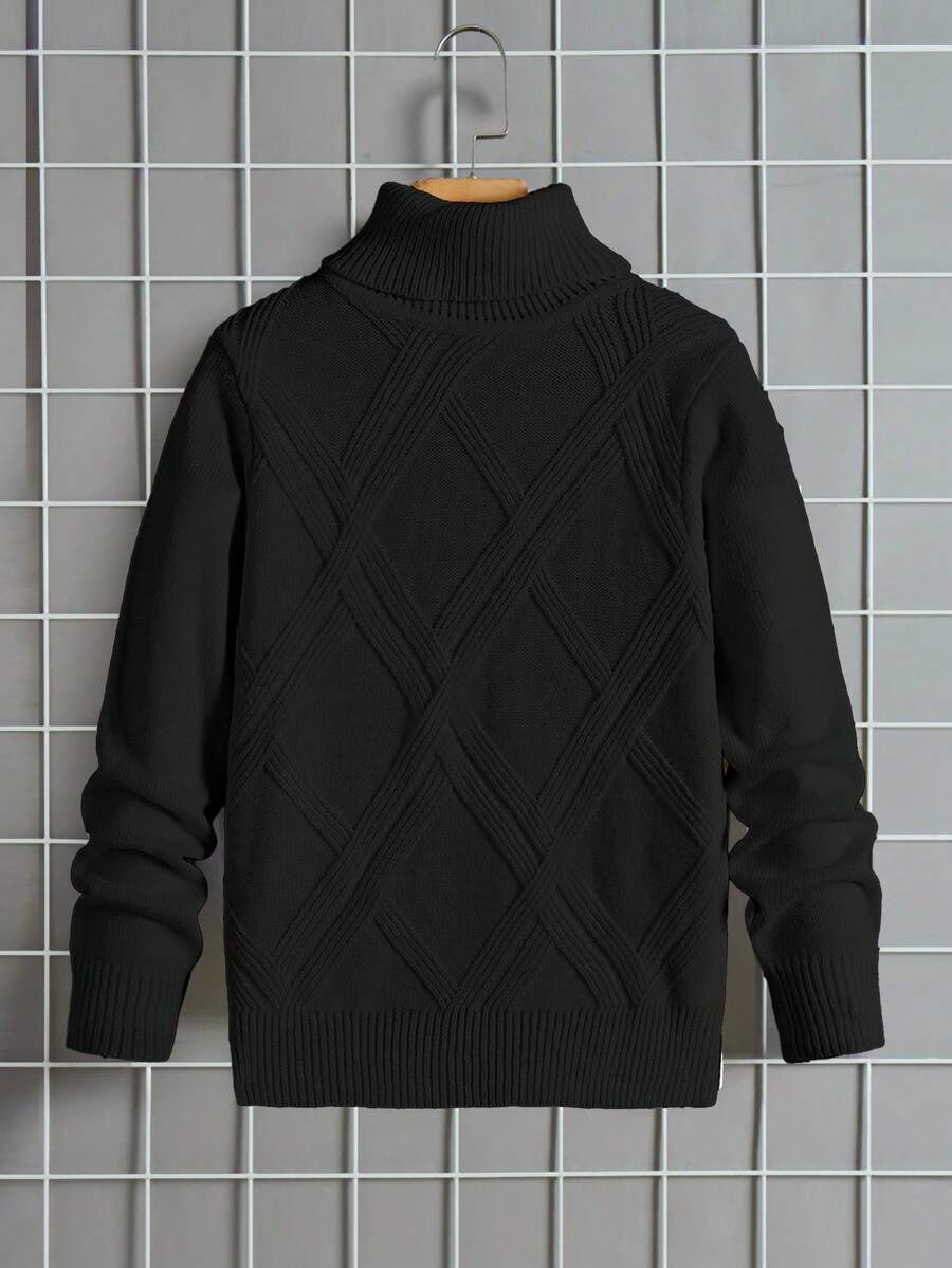 SHEIN 青少年男孩休閒舒適百搭高領秋季毛衣 - 黑色 - 查看 1