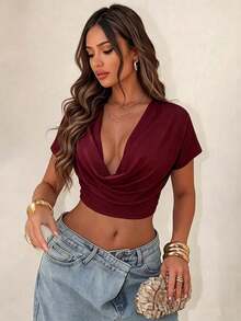 Sirith New Solid Color Deep V-Neck Sexy Cropped T-Shirt Top - Burgundy - View 1