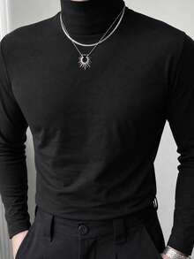 Manfinity Men's Solid Color Stand Collar Casual Versatile Daily Wear T-Shirt - Black - View 1