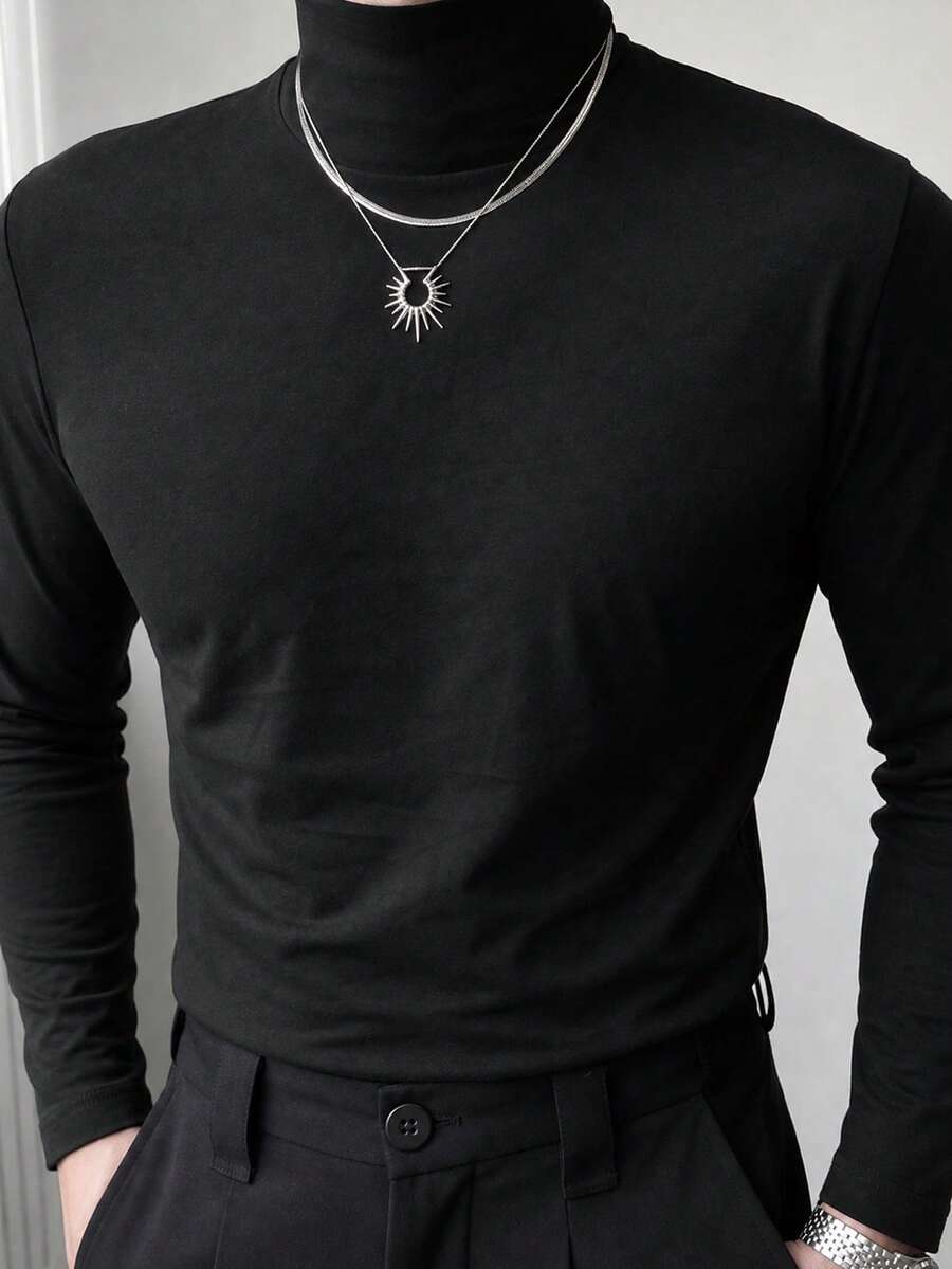 Manfinity Men's Solid Color Stand Collar Casual Versatile Daily Wear T-Shirt - Black - View 1