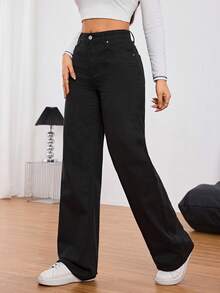 SHEIN Tall Women Front Button Pocket Casual Simple Denim Jeans, Everyday Wear, Tall Women - Black - View 6