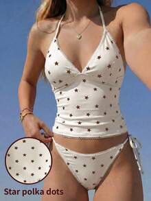 Swim Mod Conjunto de Bikini de Tirantes con Estampado de Cuadros y Cerezas Dulces de Verano - Amarillo claro - Ver 7