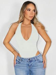Sirith Seamless Knit Deep V-Neck Backless Halter Bodysuit Backless Style - Light Grey - View 5