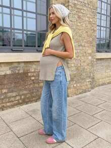 Lyckli Maternity Solid Color Round Neck Sleeveless Knit Textured Tank Top With Side Slit Hem - Grey - View 2