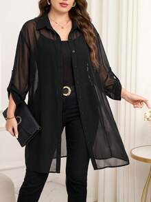 Reflora Plus Size Women's Solid Color Rolled Sleeve Single-Breasted Long Shirt - Black - View 5