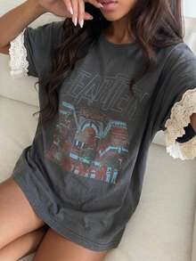 FRIFUL Women's Spring/Summer All Cotton Colorblock Patchwork Sheer Lace Short Sleeve Letter Print Loose Casual Versatile T-Shirt - Grey - View 14