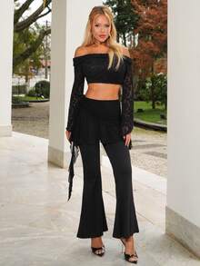 Sandy Gomes Women's Black Flared Pants With Drawstring Ruffles On Both Sides, Pants For Music Festivals, Flared Pants For Street Wear, Pants For Daily Outings, College Style Pants - Black - View 1