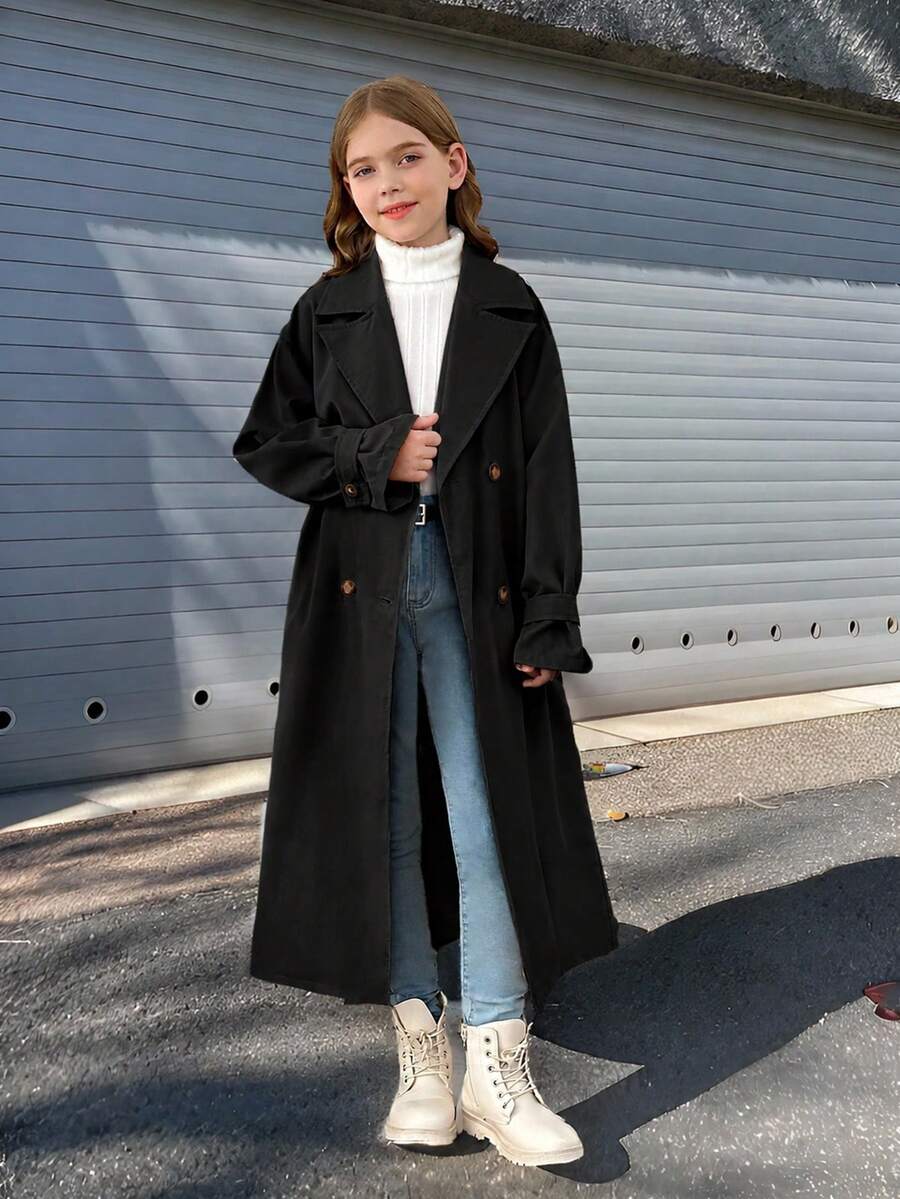 SHEIN Tween女孩編織雙排扣翻領寬鬆長款風衣,休閒學院風,通勤街頭穿搭,返校職場風,黑色秋季 - 黑色 - 查看 1
