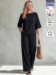 Faunlyn Women's Vacation Casual Basic Solid Color Shirt Pants 2 Pieces Set Cotton-Lin Brunch Black Summer - Black - View 10