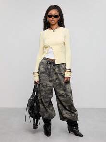 COUREZ Asymmetric Fitted Cardigan /Y2K Autumn Outfit For Women Fall Tops Fall Clothes Yellow Top Going Out Outfits Cute Tops Going Out Tops - Beige - View 2