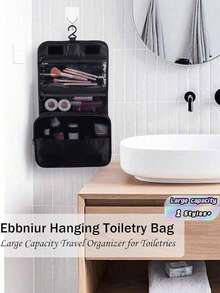 1 pieza Bolsa de maquillaje colgante multifuncional, bolsa de almacenamiento, gran capacidad, fácil de transportar, regalo navideño, vibraciones bohemias - Negro - Ver 7