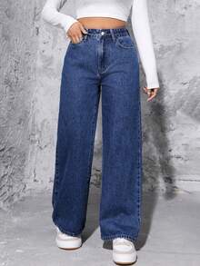 SHEIN PETITE High Waist Wide Leg Jeans ,Petite Women - Dark Wash - View 6