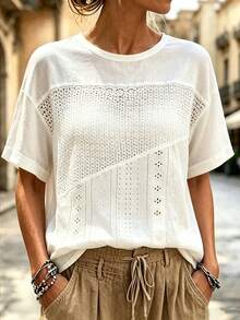 SHEIN LilyWest Women's Round Neck Contrast Lace And Jacquard Fabric Dropped Shoulder Short Sleeve Loose Western Boho Casual Design T-Shirt White Summer Vacation - White - View 1