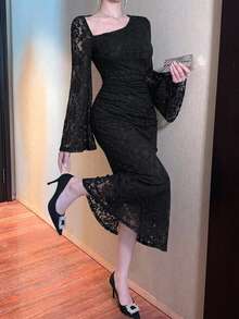DAZY Women's Elegant Lace Asymmetric Ruched Long Dress, Spring/Summer Dress Sundress - Black - View 8