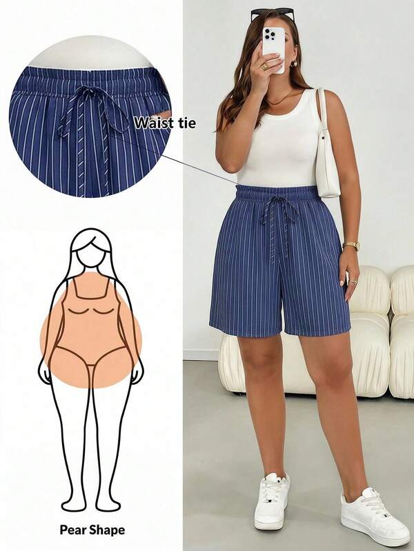 SHEIN Essnce Plus Size Women Summer Casual Vacation Daily Commute Striped Print Drawstring Waist Loose Shorts