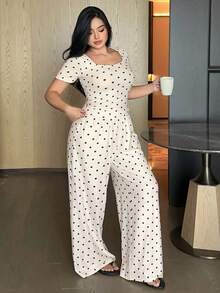 Dazy Plus Fashion Polka Dot Fitted Short Sleeve Top & Long Pants 2-Piece Set, Spring/Summer Loungewear Pajama Set - Apricot - View 8