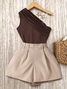 SHEIN Tween Girls 2pcs/Set 1 Mini Set Tween Girls Spring/Summer New Fashion Old Money Style Versatile Asymmetrical Shoulder Tank Top & Shorts Set, Back - Brown - View 3