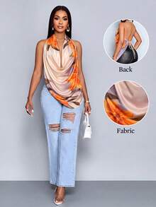 SOLERSUN Elegant Floral Print Top For Women, Perfect For Spring/Summer, Stylish For Vacation Parties. Vacation Beige Summer Sexy - Brown - View 2