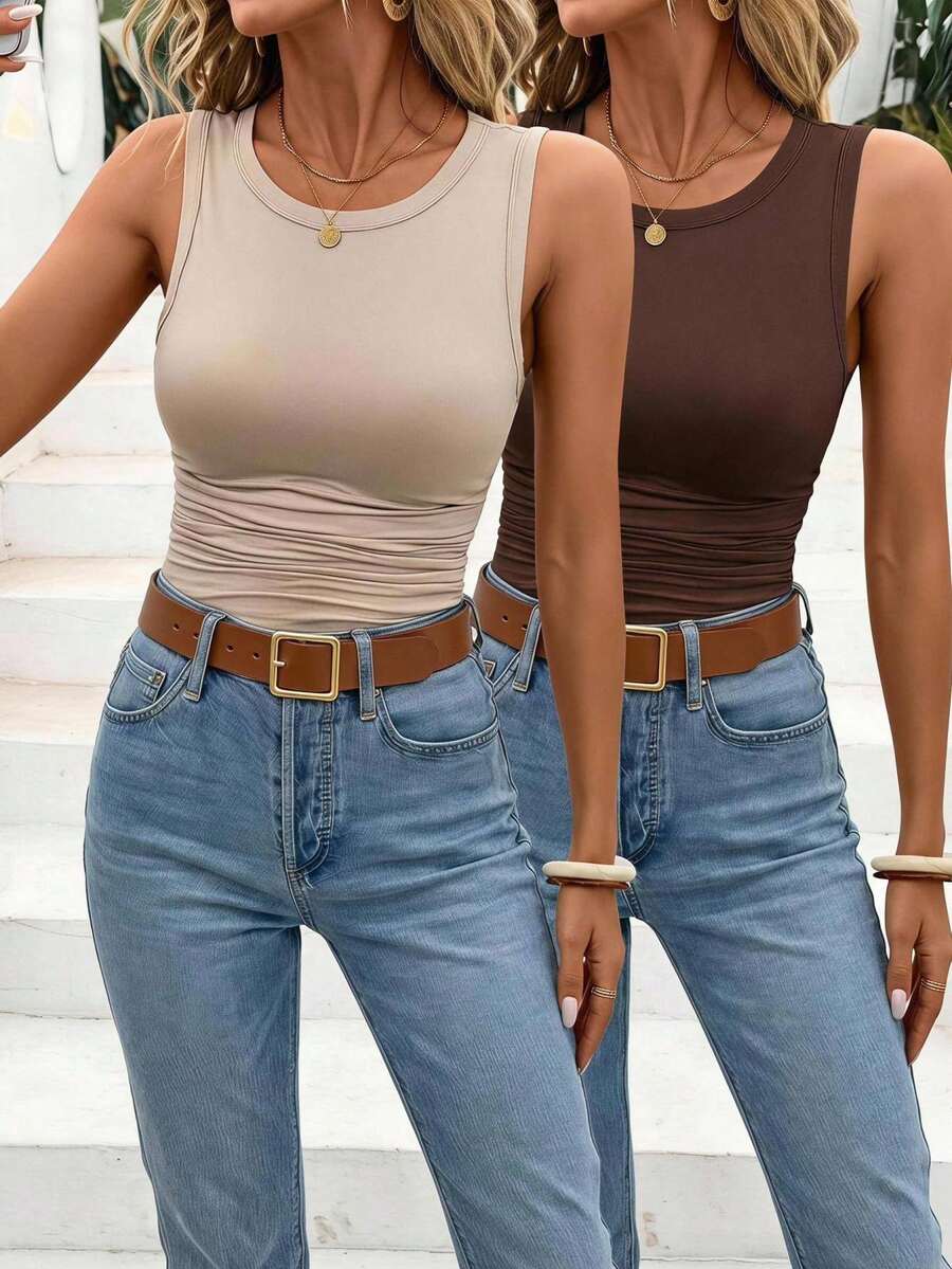Easowa 2pcs/Set Casual Solid Color Versatile Women's Crew Neck Fitted Camisole, Suitable For Summer Back To School,Casual - Multicolor - View 1