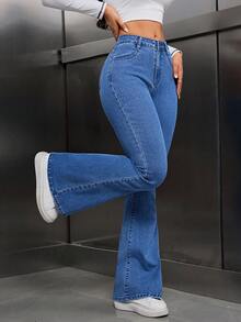 SHEIN Tall 女款純色口袋休閒百搭喇叭褲牛仔褲，適合高個女性 - 中等水洗藍 - 查看 8