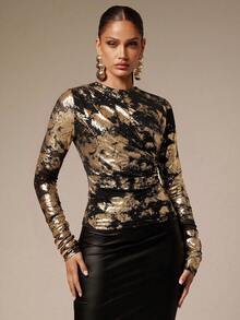 Silquee Top ajustado con fruncido y estampado de lámina dorada de moda - Multicolor - Ver 5