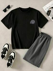 SHEIN Vacaura 2件組 青少年男孩時尚黑色T恤與綠色短褲休閒套裝 - 灰色 - 查看 3