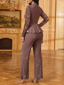 SHEIN Lady Women's Brown Glitter Metallic Lace Sheer Long Sleeve V Neck Peplum Top Wide Leg Pants Elegant Matching 2 Pieces Set Sparkly Party Evening Cocktail - Brown - View 2