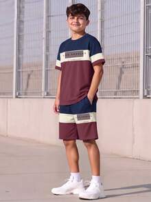 SHEIN Teen Boys Summer Cool Fashionable Casual Outdoor Pullover Crew Neck Short Sleeve Striped Print T-Shirt & Simple Sports Jogger Shorts 2-Piece Set, New Summer Style, Suitable For Multiple Seasons - Multicolor - View 3