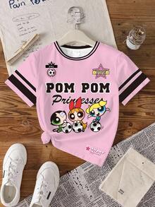 THE POWERPUFF GIRLS X SHEIN 青少年女孩圓領字母卡通印花休閒日常短袖T恤 - 白色 - 查看 3