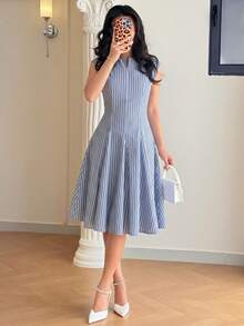 Feyla Women's Striped Cutout V-Neck Cap Sleeve Elegant Short Dress - Blue - View 1